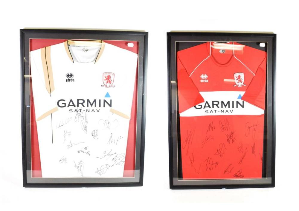 Lot 12 - Middlesbrough Two Signed Football Shirts one red, one white each with various autographs (both...