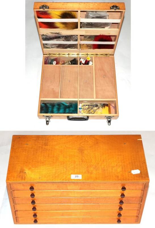 Lot 25 - A collection of fly-tying equipment and accessories, contained in a fitted plywood and pine...