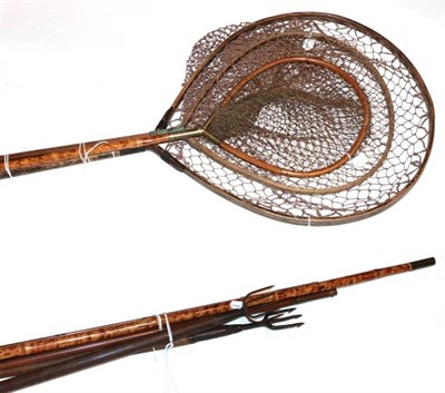 Lot 28 - A Farlows, ash, fixed head landing net; two others, one with bamboo shaft; two others, landing...
