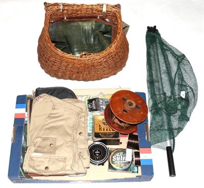 Lot 65 - Assorted fishing tackle and accessories, including wicker creel; folding landing net; pair of...