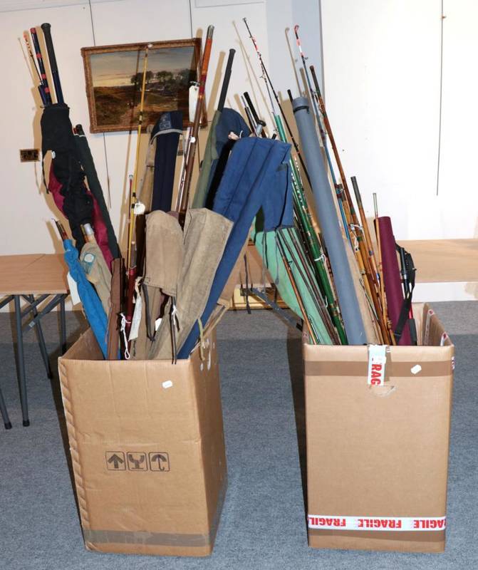Lot 93 - Two large boxes containing approx. thirty-two assorted, cane, fibreglass and other fishing...