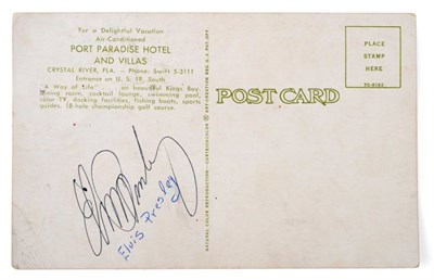 Lot 99 - Elvis Presley Autograph signed on postcard for Port Paradise Hotel and Villas where Elvis...