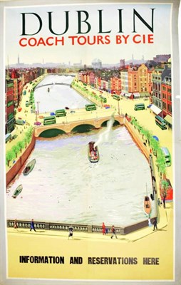 Lot 122 - Advertising Poster 'Dublin Coach Tours By CIE' depicting a city/river scene with numerous buses...