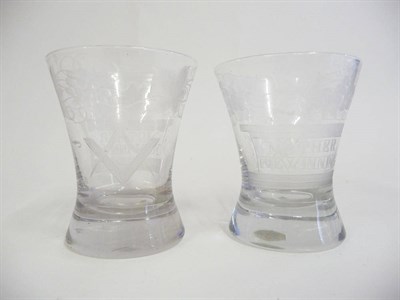 Lot 19 - A Pair of Masonic Dram Tumblers, circa 1840-50, of waisted cylindrical shape, each engraved...