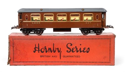 Lot 295 - Hornby Series O Gauge No.2 Saloon Coach LNER with correct company sticker to end (E-G box G)