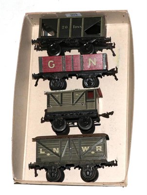 Lot 303 - Bing Gauge 1 Four Wagons Great Northern Open, LNWR Goods, 20 Tons Hopper and Brake van (all G) (4)