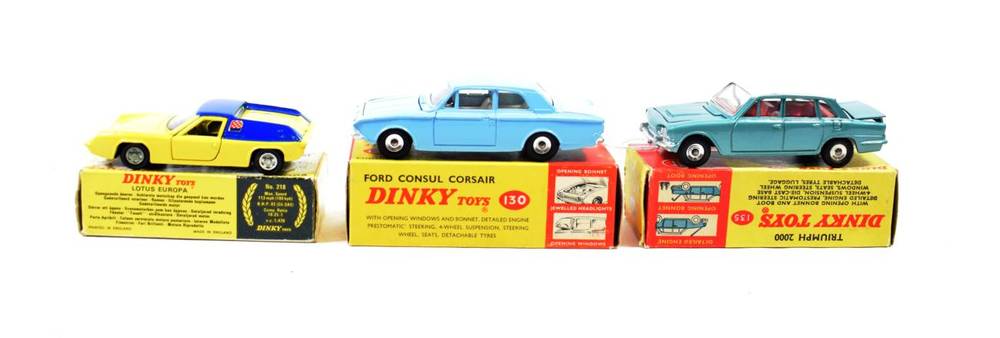 Lot 417 - Dinky Cars 130 Ford Consul Corsair, 135 Triumph 2000 and 218 Lotus Europa (all E-G boxes G-E) (3)