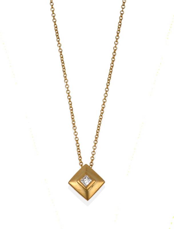Lot 2010 - An 18 Carat Gold Diamond Pendant on Chain, a princess cut diamond in a yellow square mount...