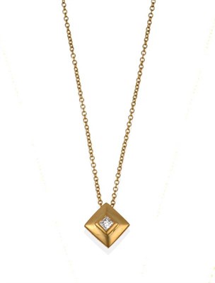 Lot 2010 - An 18 Carat Gold Diamond Pendant on Chain, a princess cut diamond in a yellow square mount...