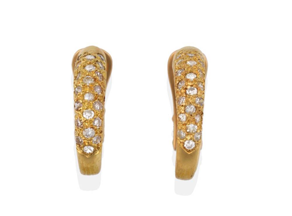 Lot 2011 - A Pair of 18 Carat Gold Diamond Hoop Earrings, the cuffs inset with brilliant cut diamonds,...