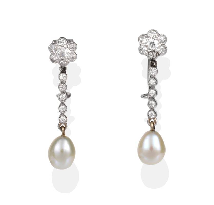 Lot 2039 - A Pair of Pearl and Diamond Drop Earrings, a cluster of old cut diamonds in millegrain settings...