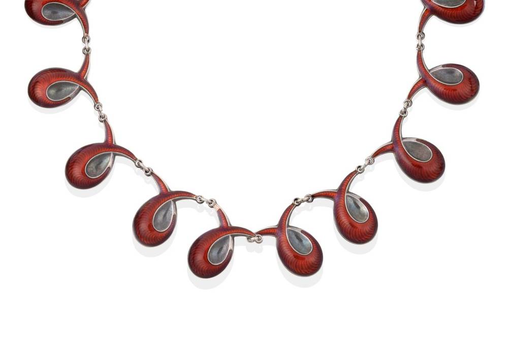 Lot 2044 - A Norwegian Silver Enamel Necklace, seventeen intertwined swirl links, enamelled in red, length...