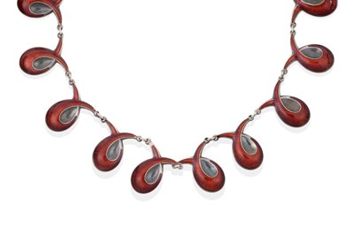 Lot 2044 - A Norwegian Silver Enamel Necklace, seventeen intertwined swirl links, enamelled in red, length...