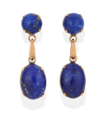 Lot 2045 - A Pair of Lapis Lazuli Pendant Earrings, a round cabochon lapis lazuli in a claw setting suspends a