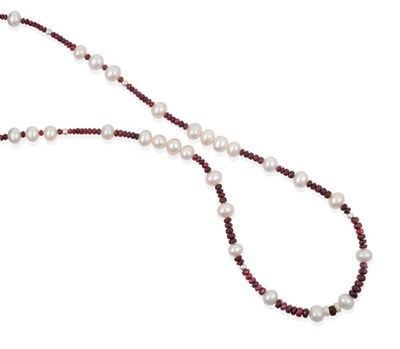 Lot 2048 - A Red Spinel and Cultured Pearl Necklace, faceted red spinel beads spaced at intervals by groups of