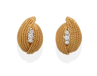 Lot 2051 - A Pair of 18 Carat Gold Diamond Earrings, of multi rope twist form, three round brilliant cut...