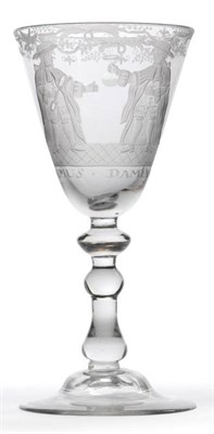 Lot 51 - A Wine Glass, circa 1750, the round funnel bowl engraved with two gentleman, titled...