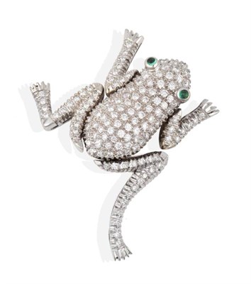 Lot 2087 - A Diamond and Emerald Articulated Frog Brooch, realistically modelled with round cabochon...