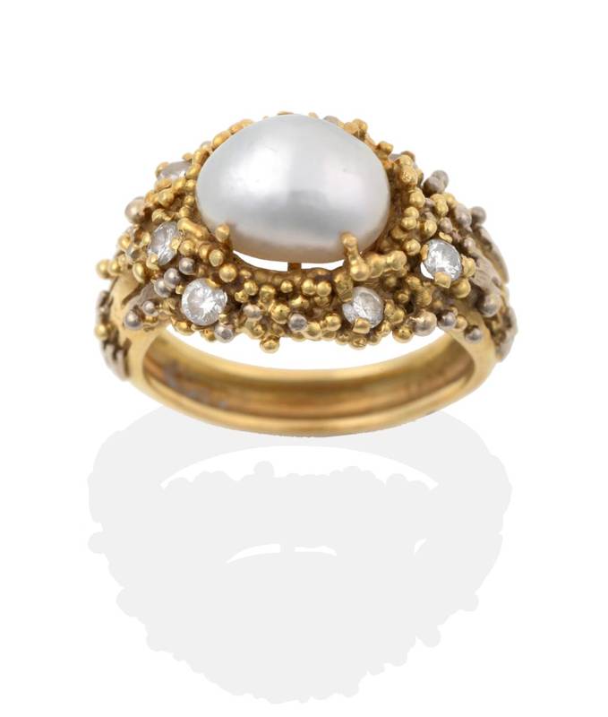 Lot 2104 - An 18 Carat Gold Cultured Pearl and Diamond Ring, by Charles de Temple, a cultured pearl in a...