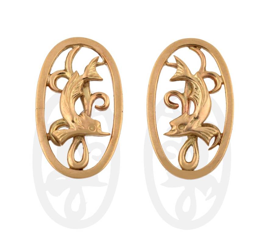 Lot 2110 - A Pair of 9 Carat Gold Earrings, by George Tarratt, oval form with a pierced dolphin motif, measure