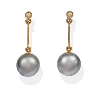 Lot 2124 - A Pair of Tahitian Pearl Drop Earrings, suspended from bar links, length 3cm, with post...