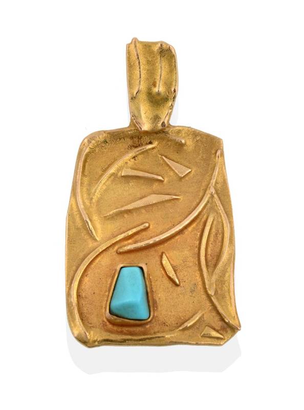 Lot 2133 - A Turquoise Pendant, a rectangular plaque with raised decoration, set with a rough cut...