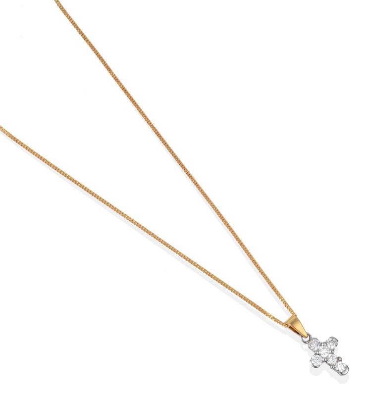 Lot 2135 - A Diamond Cross Pendant on An 18 Carat Gold Chain, the cross set with six round brilliant cut...