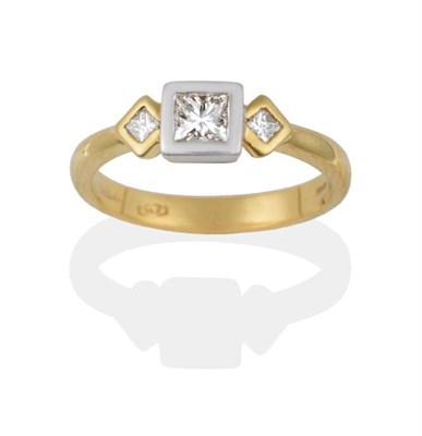 Lot 2157 - An 18 Carat Gold Diamond Three Stone Ring, the central princess cut diamond in a white rubbed...