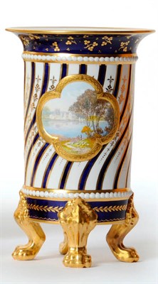 Lot 59 - A Royal Crown Derby Porcelain Vase, 1919, of flared cylindrical form on four paw feet, painted...