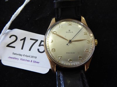 Lot 2175 - A 9ct Gold Centre Seconds Wristwatch, signed Rolex, Precision, circa 1960, lever movement...