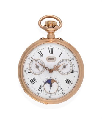 Lot 2177 - An Open Faced Triple Calendar Moonphase Keyless Pocket Watch, circa 1900, nickel finished lever...