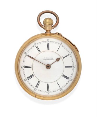 Lot 2190 - An 18ct Gold Open Faced Chronograph Pocket Watch, retailed by H Samuel, Manchester, 1902, lever...
