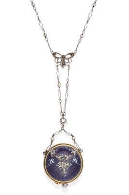 Lot 2200 - A Lady's Enamel and Diamond Set pendant/Fob Watch with attached Pearl Set Chain, Made for Jac...
