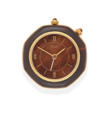 Lot 2235 - An 18ct Gold and Faux Tortoiseshell Travelling Alarm Timepiece, signed Van Cleef & Arpels,...