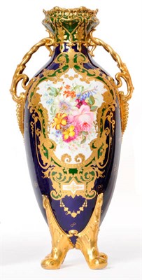 Lot 67 - A Royal Crown Derby Porcelain Ovoid Vase, 1902, with lizard handles and paw feet, painted with...
