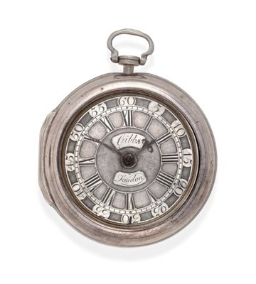 Lot 2253 - A Silver Pair Cased Verge Champleve Dial Pocket Watch, signed Gibbs, London, 1739, gilt fusee...