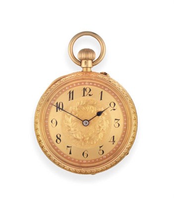 Lot 2267 - A Lady's Keyless Fob Watch, circa 1900, lever movement, gold coloured dial with Arabic...