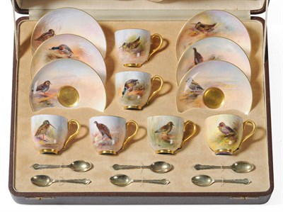 Lot 70 - A Set of Six Royal Worcester Porcelain Coffee Cups and Saucers, 1938/39, painted by James...