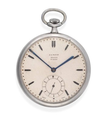 Lot 2277 - An Art Deco Stainless Steel Open Faced Keyless Pocket Watch, signed Zenith, retailed by Baker,...