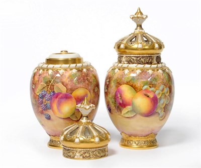 Lot 74 - A Pair of Royal Worcester Porcelain Ovoid Pot Pourri Vases, Pierced Covers and Inner Covers,...