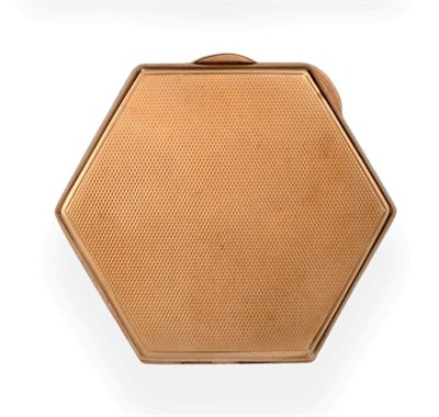 Lot 2311 - A 9ct Gold Lady's Powder Compact, Goldsmiths & Silversmiths, Birmingham 1934, hexagonal with engine