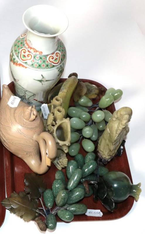 Lot 6 - A 20th century Chinese vase, two soapstone figures, a teapot in the form of a swan and an...