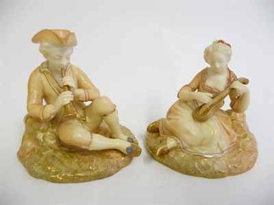 Lot 82 - A Pair of Royal Worcester Porcelain Figures of Musicians, 1910, each as a seated girl and boy...