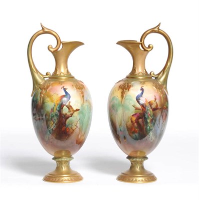 Lot 83 - A Pair of Royal Worcester Porcelain Ovoid Ewers, 1908, with high scroll handles, painted with...