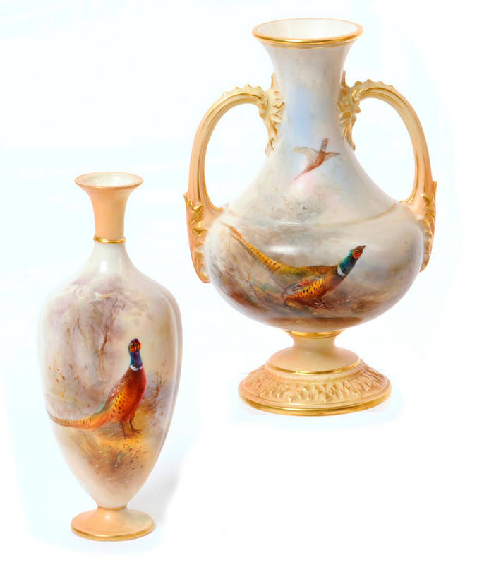 Lot 84 - A Royal Worcester Porcelain Twin-Handled Vase, 1906, of ovoid form with waisted cylindrical...