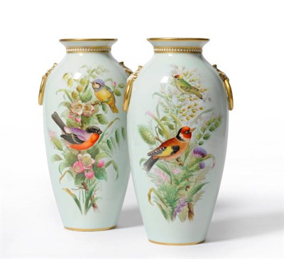 Lot 86 - A Pair of Royal Worcester Porcelain Ovoid Vases, 1879, with applied ring handles, painted with...