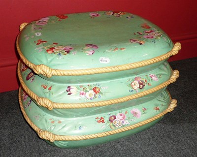 Lot 94 - A Mintons Pottery Seat, Modelled as Three Piled-Up Cushions, circa 1860-70, each oval green...