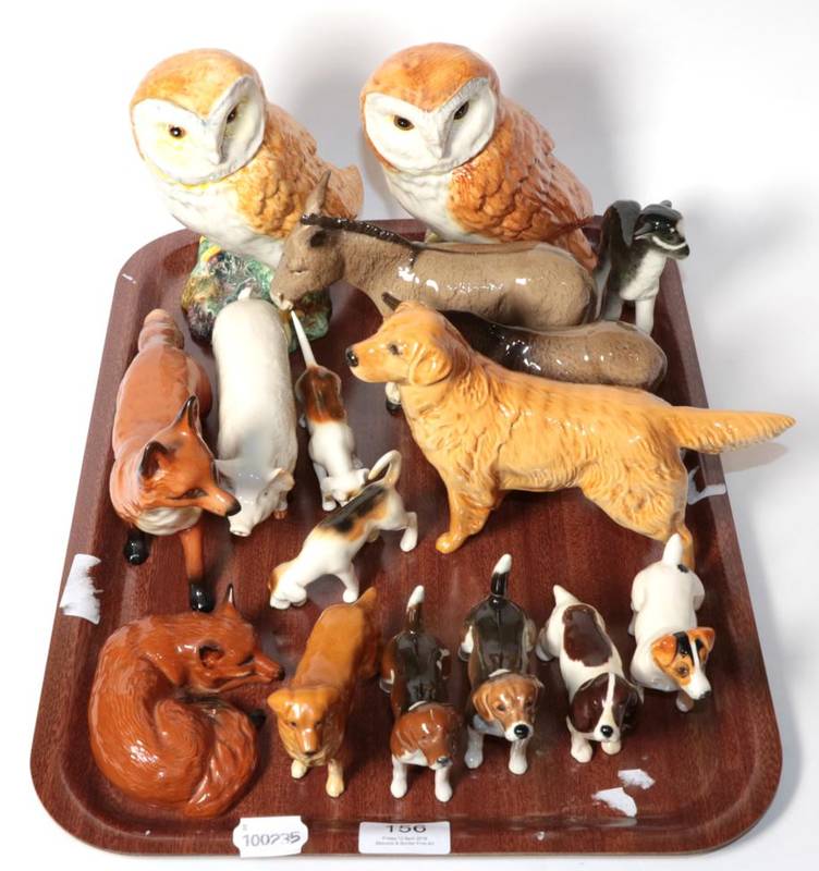 Lot 156 - Beswick animals including barn owls, foxes, donkeys, dogs and a pig (quantity on one tray)