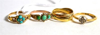 Lot 6 - A 15 carat gold Victorian turquoise and seed pearl ring, finger size M; a turquoise ring,...