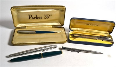 Lot 14 - A Parker 51 pencil, cased; a Parker fountain pen and another; a yard-o-led silver pencil and...